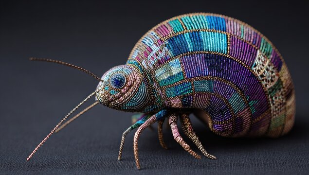 Multicolored, segmented insect sculpture with wire legs