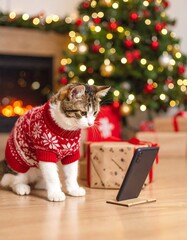 Tabby cat in festive sweater, looking at phone near Christmas tree and presents