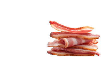 Slices of crispy bacon stacked on a white isolate background, ideal for culinary themes and food photography.