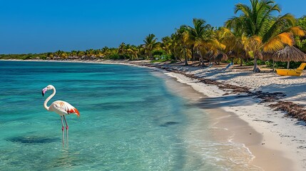 Pink flamingo stands in shallow turquoise water on a tropical beach.