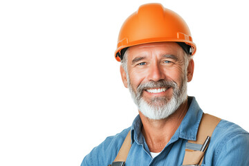 Smiling construction worker wearing an orange hard hat and blue shirt, isolated on a white background.