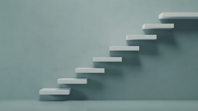 White floating stairs ascending against a muted teal wall background steps climbing - Powered by Adobe