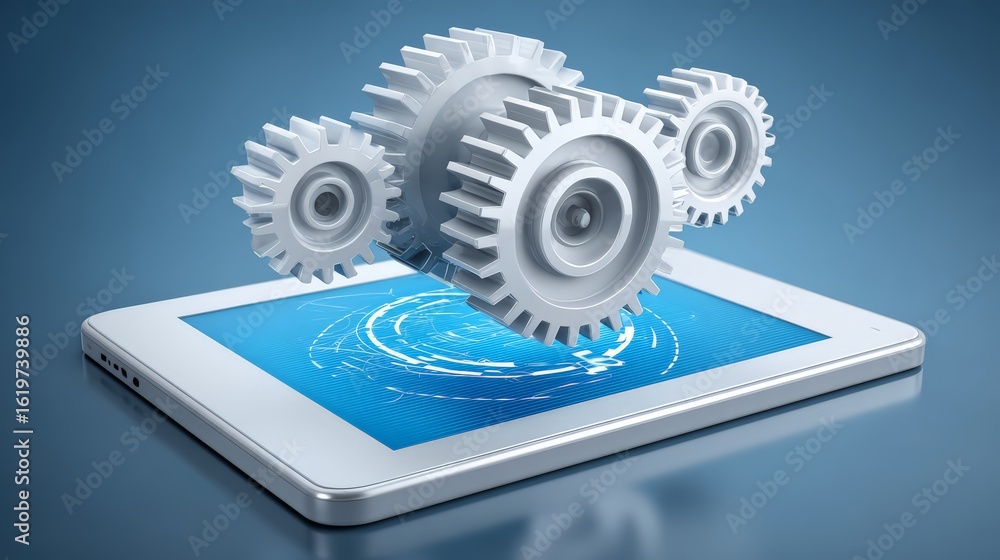 Poster concept of technology integration with gears on a tablet, symbolizing innovation.