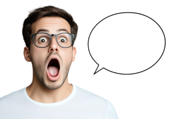 Surprised young man in glasses with an open mouth, isolated on white background.