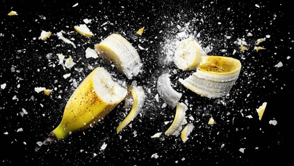 Exploding banana with peel fragments against black background