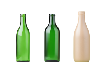 Three empty glass bottles in green and beige color on white isolated background.