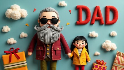 Father and daughter holding hands on a light blue background.