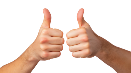 Two hands giving a thumbs up gesture, symbolizing approval and positivity on a white isolated background.