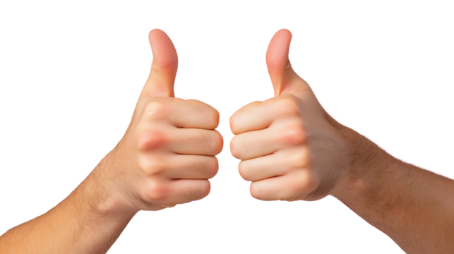 Two hands giving a thumbs up gesture, symbolizing approval and positivity on a white isolated background.