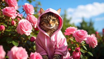 Tabby cat in pink hoodie amidst pink roses