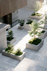 Minimalist Courtyard In Helsinki With Moss And Pine In Concrete Planters And Pale Stone Flooring