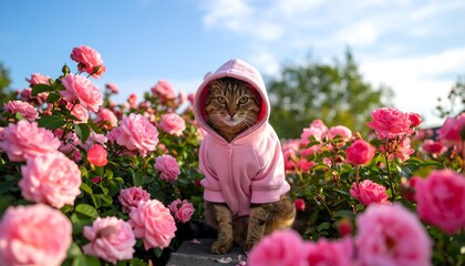 Tabby cat in pink hoodie sits amidst a vibrant pink rose garden, sunlight illuminating the scene