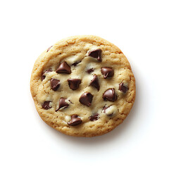 A single chocolate chip cookie with a golden-brown surface and scattered chocolate chips, presented against a white background.