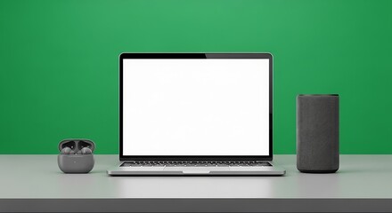Modern Tech Setup: Laptop, Smart Speaker, and Wireless Earbuds on Green Background