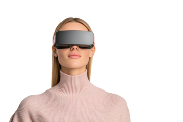 Woman wearing futuristic VR headset, engaged in virtual reality experience, isolated on a white background.