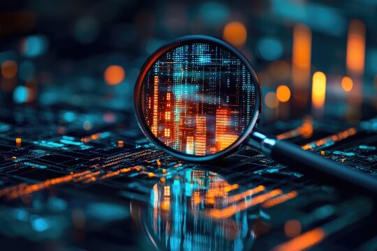 Magnifying glass over circuit board, revealing digital city - Powered by Adobe
