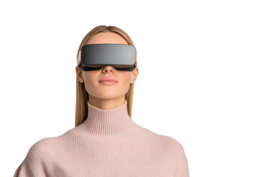 Woman wearing futuristic VR headset, engaged in virtual reality experience, isolated on a white background.