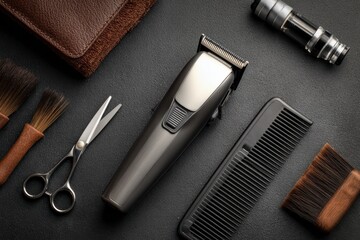 Hair Clipper with Scissor and Brush on Black Surface