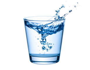 A refreshing splash of cold, clear water pours into a transparent glass with ice cubes, creating cool bubbles on a fresh white background