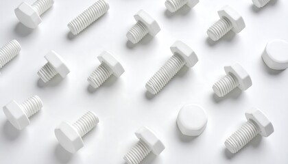 White bolts and nuts arranged