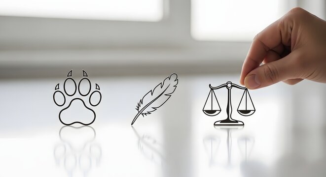 Conceptual image of animal rights and law, with a hand holding scales of justice next to a paw print and a feather, symbolizing legal balance