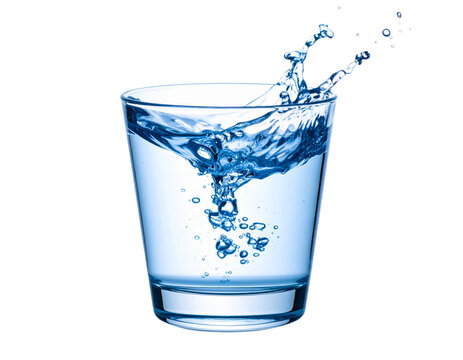 A refreshing splash of cold, clear water pours into a transparent glass with ice cubes, creating cool bubbles on a fresh white background