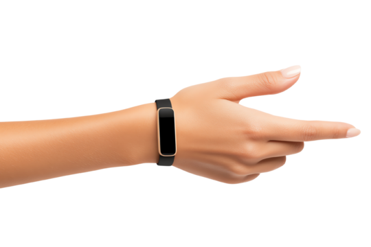 Woman's hand showing a smartwatch on wrist, isolated on white background.