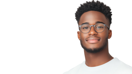 Young man with glasses smiling against a white background, showcasing confidence and approachability.