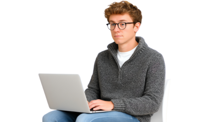 Young man working on laptop, wearing a gray sweater, seated indoors with a thoughtful expression.