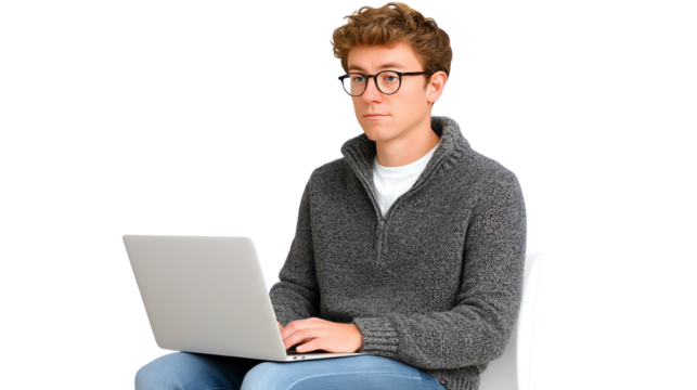 Young man working on laptop, wearing a gray sweater, seated indoors with a thoughtful expression.