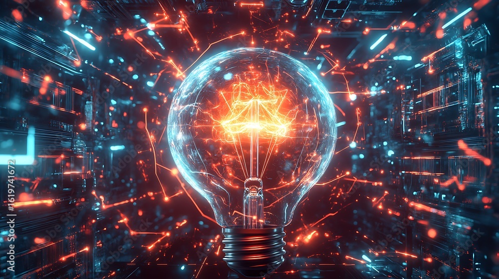 Poster a lightbulb surrounded by glowing orange and blue lines in a futuristic abstract setting design
