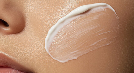 Fototapeta premium Close-up view of skin with cream applied, highlighting texture and illumination during skincare routine