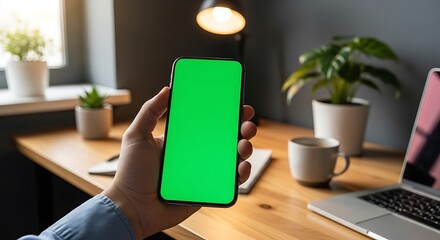 Green Screen Mockup: Smartphone in Modern Workspace