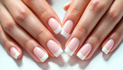 Ultra close-up of French-manicured nails with glossy white tips and pink base.
