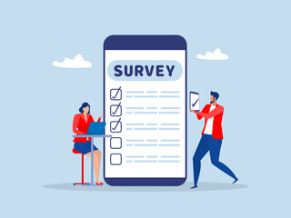 Businessman using mobile phone or smart phone to fill online survey checklist.customer feedback using internet concept flat vector illustration.