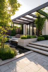Fototapeta premium Backyard In Krakow With Stone Floor, Herbs And Pergola Under Warm Sun