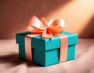 teal gift box with peach ribbon on spotlight background.