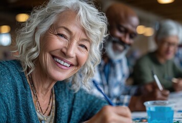 Elderly woman laughing while painting with other elderly people in an art class at the senior living facility
