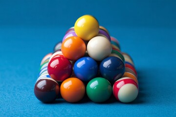Billiard Balls Stacked on Blue Table
