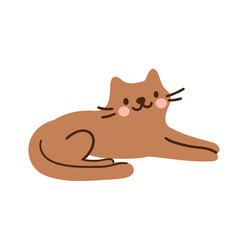 Cute smiling doodle cat, vector illustration. Kawaii kitten isolated on a white background. Simple flat design for pet care. Home pet 