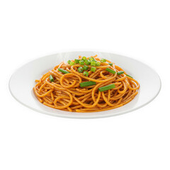 Noodle Dish: A tempting overhead shot of a plate, offering a close-up look at a serving of freshly cooked noodles garnished with vibrant scallions.