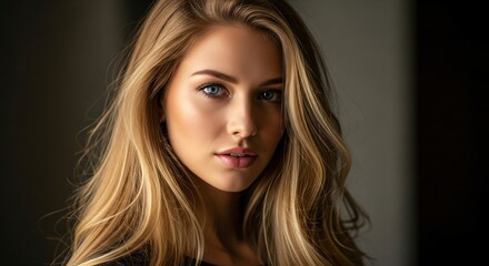 Fototapeta premium Stunning Blonde Woman Portrait Close up Beauty Shot Long Hair Blue Eyes Natural Makeup