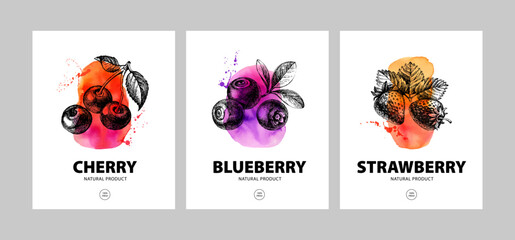 Watercolor and hand drawn sketch berries. Eco food labels set. Farmers market logo banners. Vector illustration © pim