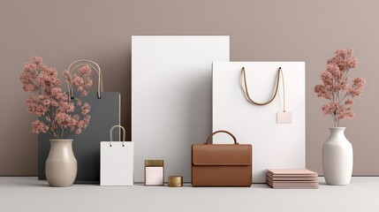 Stylish arrangement of bags, flowers, and stationery in a modern minimalistic space.