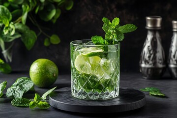 Refreshing mojito cocktail with lime and mint in a glass on a dark surface with greenery behind it