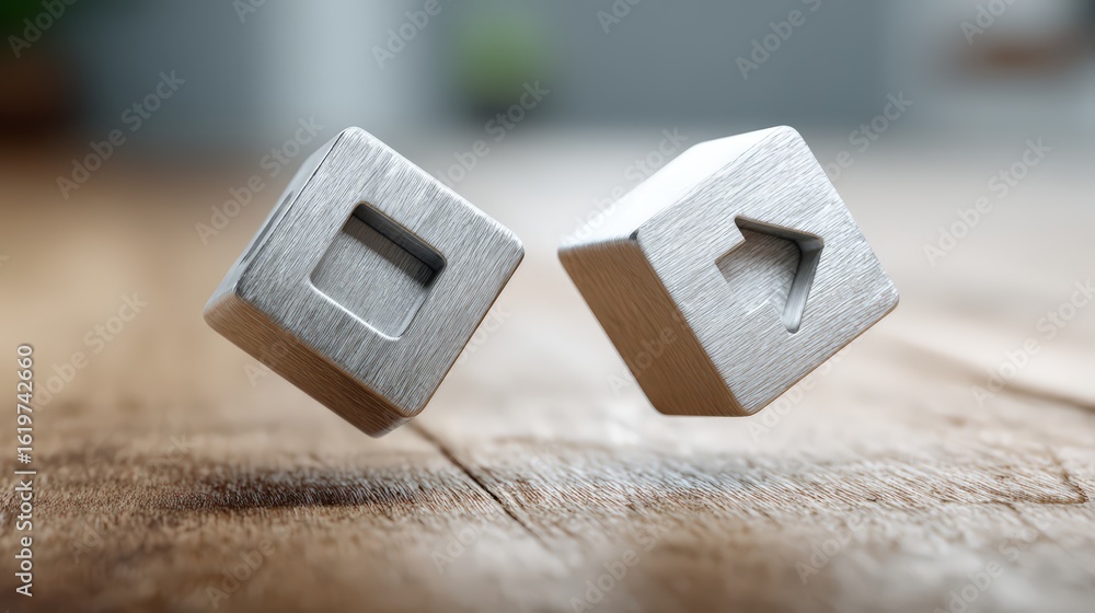 Poster stylish wooden blocks with geometric shapes on a rustic table, perfect for design concepts.