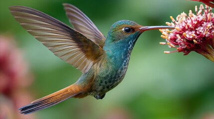 Fototapeta premium Vibrant hummingbird in flight, feeding on a flower