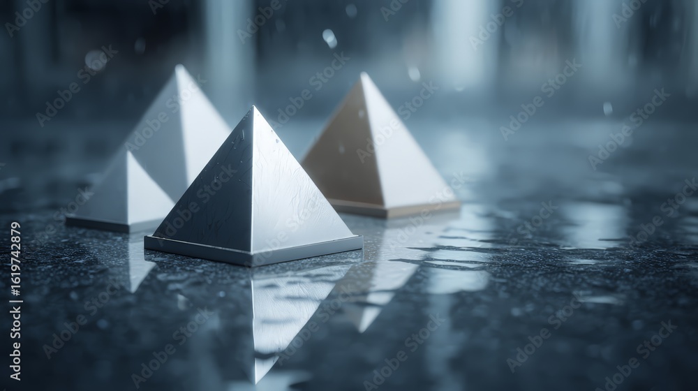 Poster three geometric pyramids create a striking visual contrast on a wet surface.