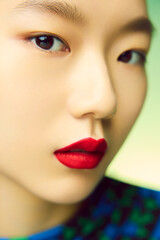 Close-up of a young woman with bold red lips.
