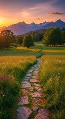 Naklejka premium Serene Sunset Path Stone Walkway Through Wildflower Meadow Majestic Mountains